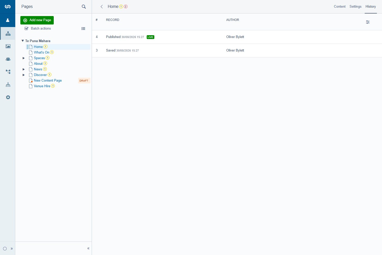 The History tab of a page showing previous versions