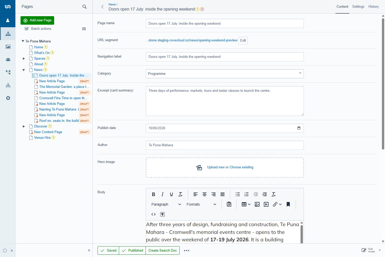An article page open in the CMS