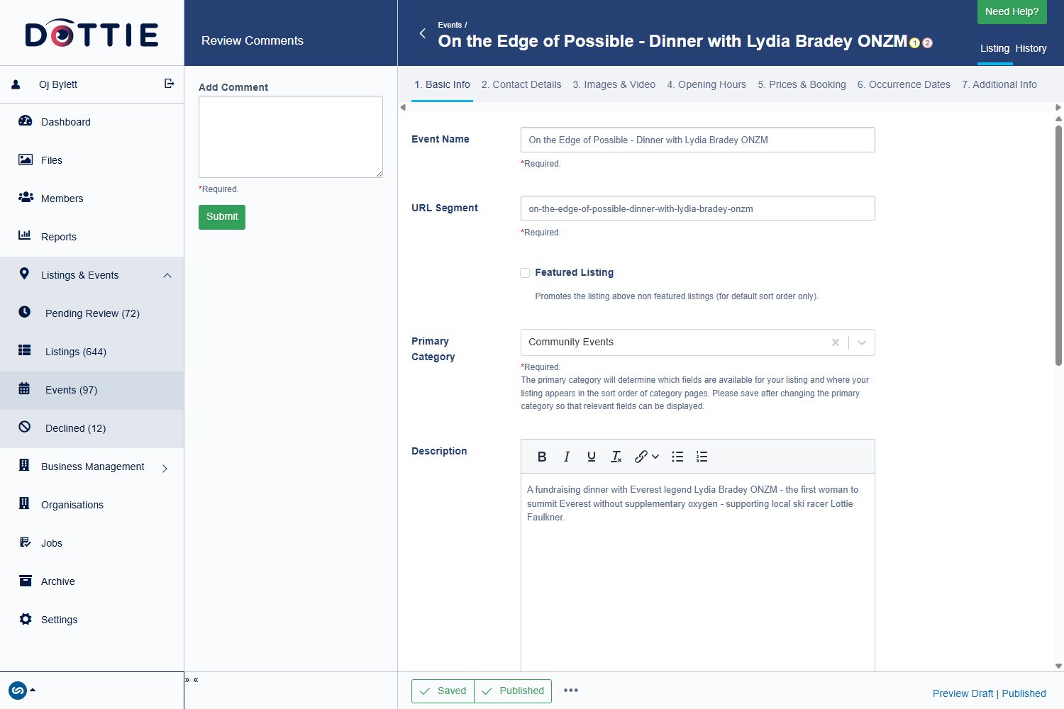 The Basic Info tab of an event in Dottie
